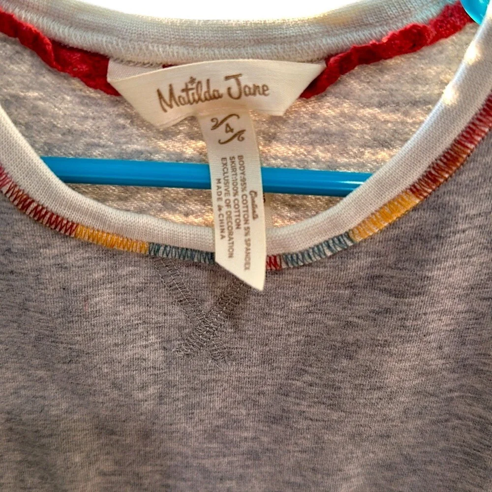 Matilda Jane Girls Gray Long Sleeve Dress‎ Rainbow Trim Teal Skirt Size 4